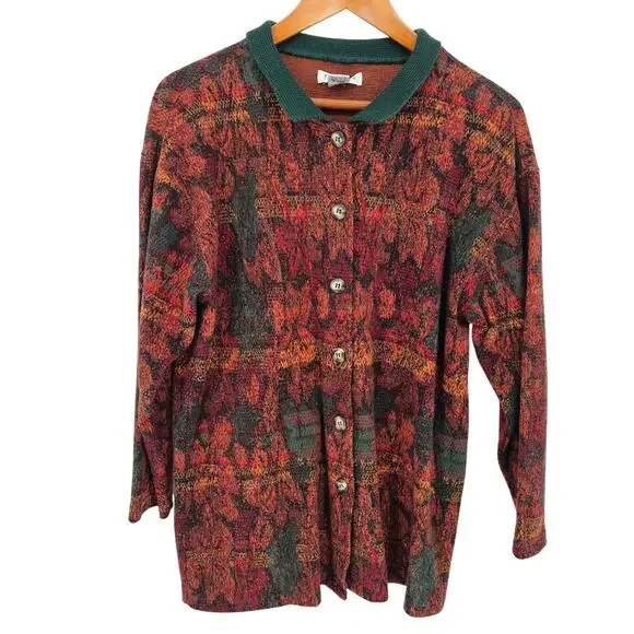 Vintage Express Tricot Autumn Leaf Print Button Up Collar Cardigan Sweater S - Picture 1 of 6